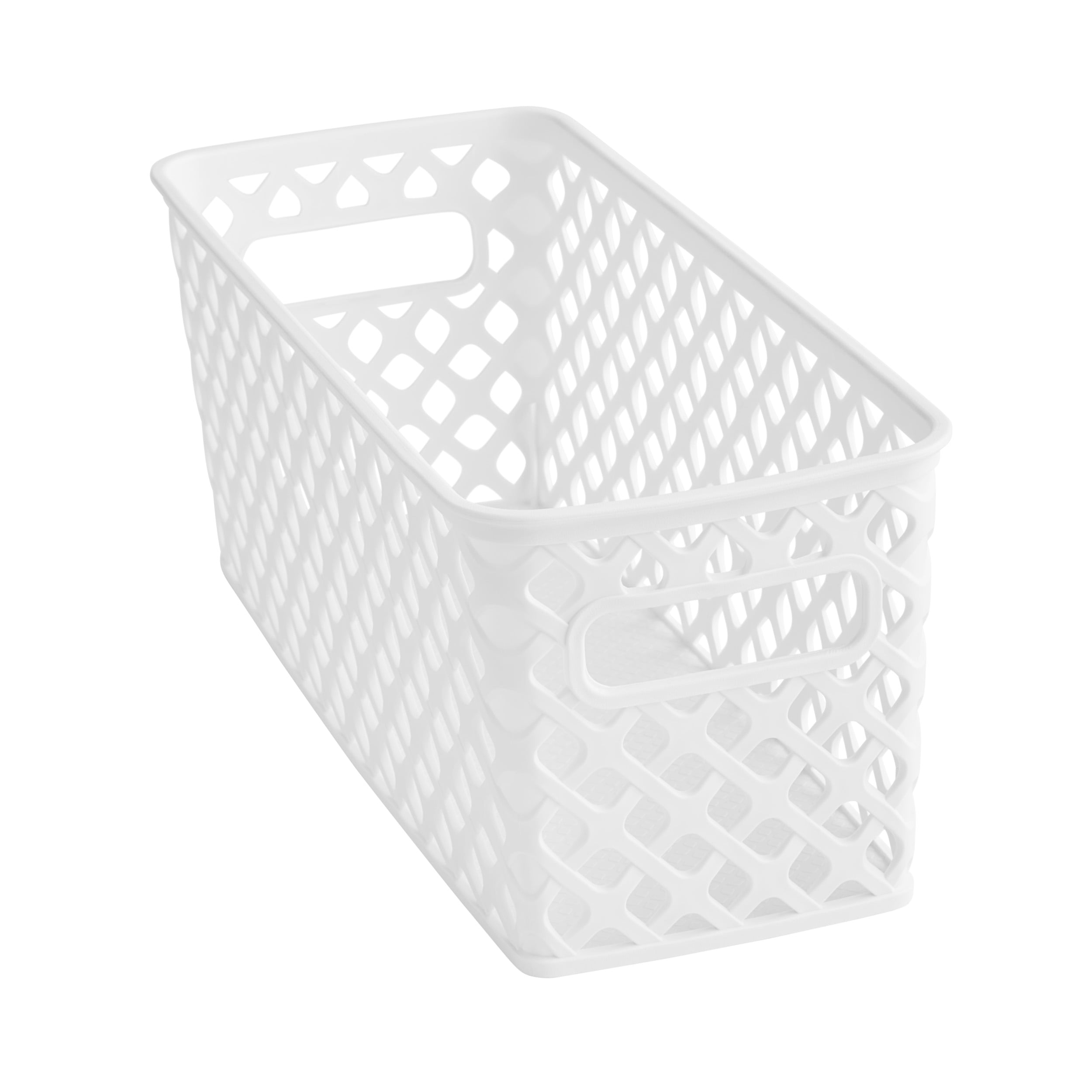 (4 pack) Mainstays Narrow White Decorative Plastic Storage Basket, 13.6 in x 5.5 in x 5.1 in