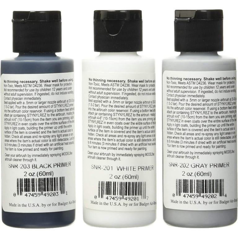 Badger Air-Brush SNR-210 Stynylrez Water Based Acrylic Polyurethane 3-Color  Primer, 2-Ounce, White/Gray/Black, 