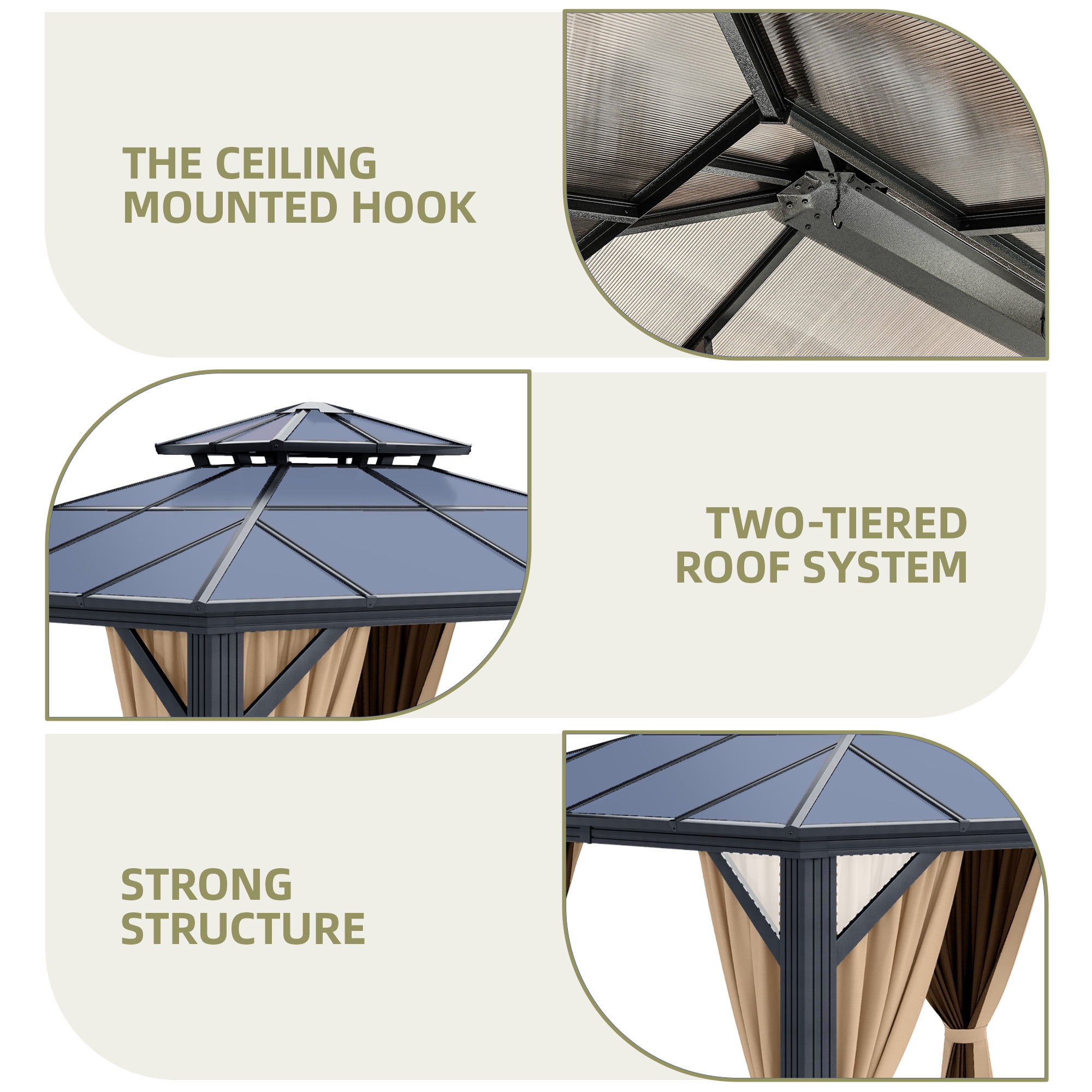 Dextrus 10' x 10'  Hardtop Gazebo with Netting & Shaded Curtains, Outdoor Polycarbonate Double Roof Canopy,Aluminum Column Garden Tent for Patio, Backyard, Black&Brown