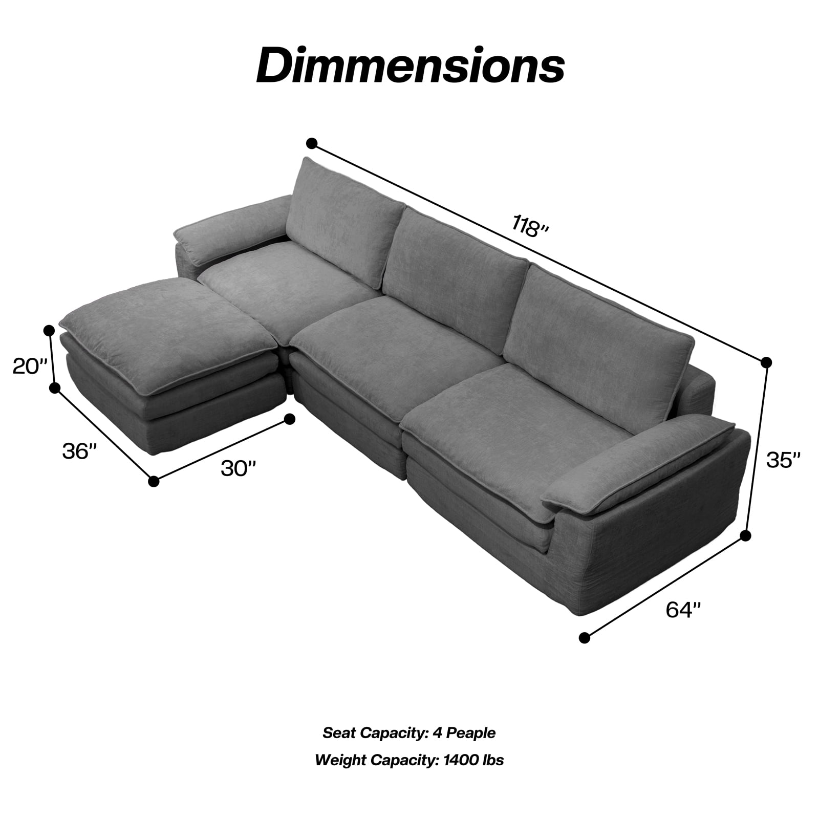 Kelyda 116'' Cloud Sectional Couches L Shaped, Modern Convertible Modular Cloud Chenille Sofa for Living Room Grey