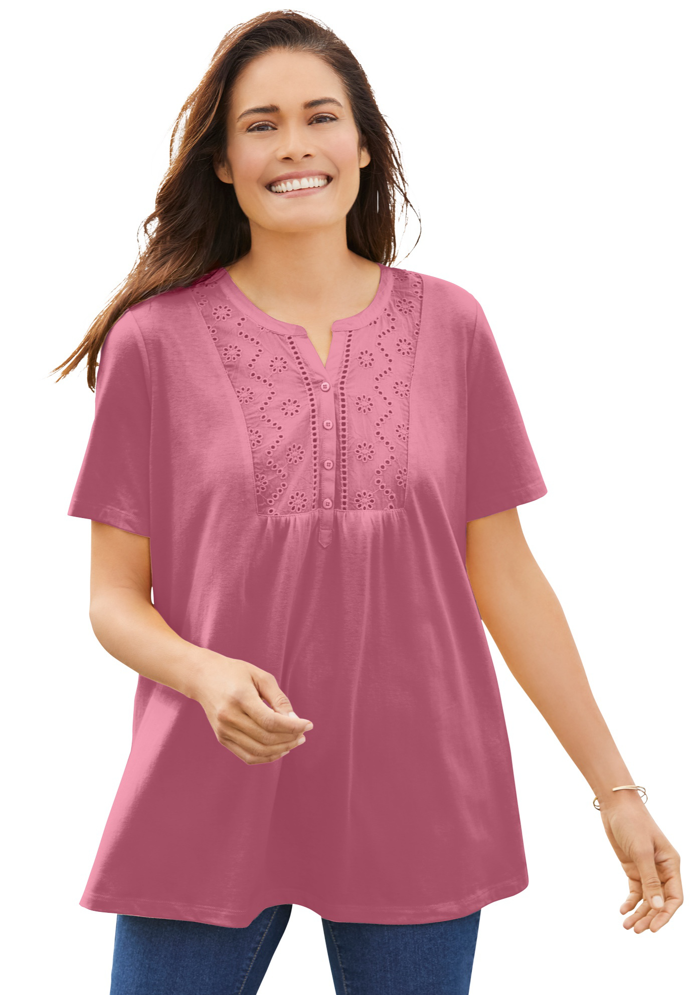 Woman Within Womens Plus Size Eyelet Henley Tee Henley Shirt