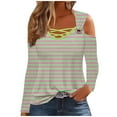 thumbnail image 2 of CLOISE Shirts for Women Fall Trendy Striped Blouses Round Neck Long Sleeve Cold Shoulder Tees Loose Hollow Color Block Tops Y2k Outfits Green M, 2 of 5