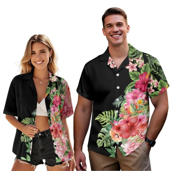 Uorisanigo Hawaiian Flower Couple Matching Outfit Short Sleeve Shirt for Men Casual Summer Shirts and Women's Button Down Shirt Size 2XS Collared Hawaiian Blouse Tops
