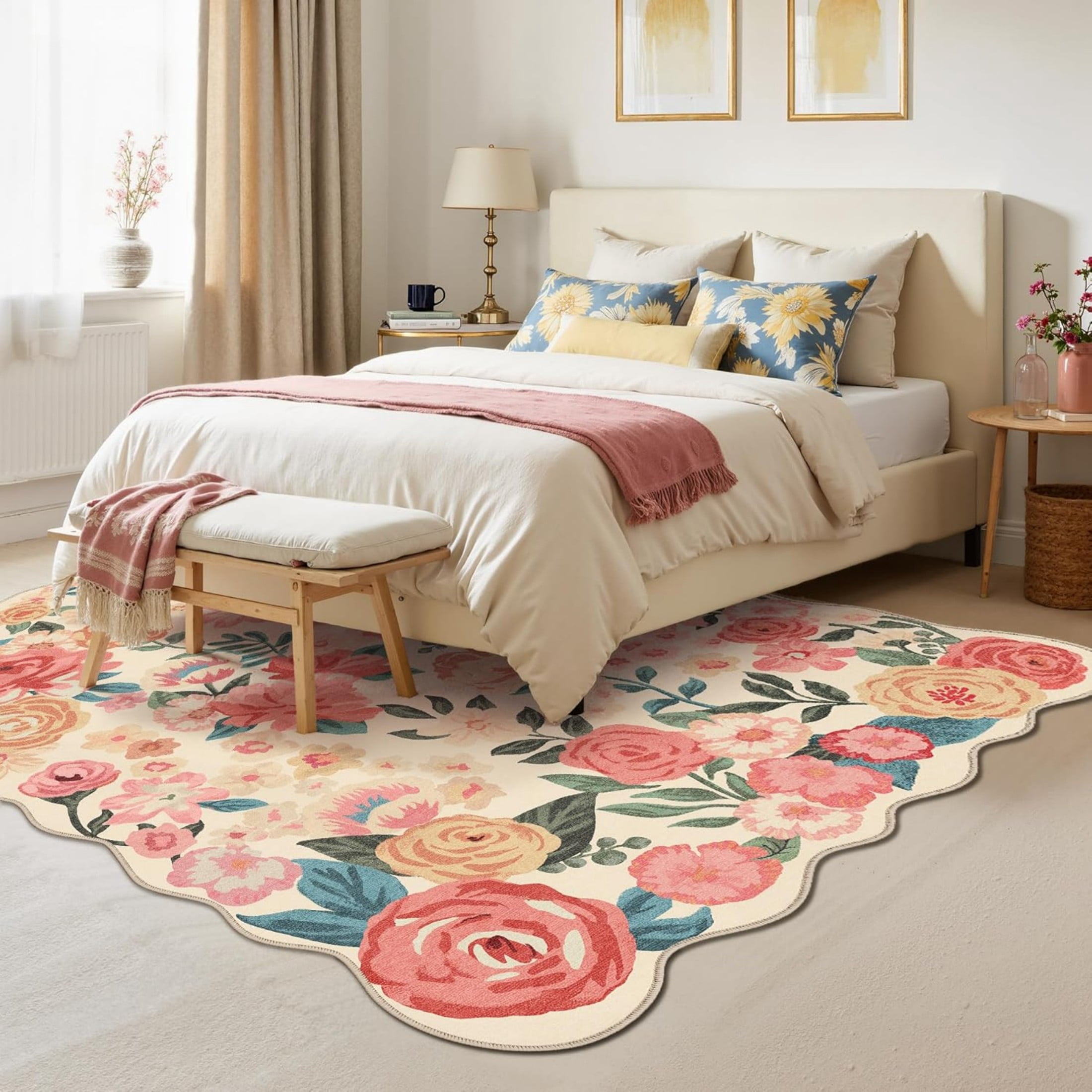 WIPONKEN 8x10 Floral Area Rugs Machine Washable Non-Slip Botanical Scalloped Rug for Living Room Bedroom, Modern Farmhouse Floor Mat with Vintage Flowers Pattern, Home Decor Indoor Low Pile Beige