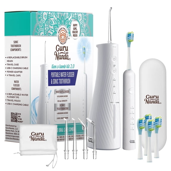 GuruNanda Lion & Lamb Kit 2.0 Electric Toothbrush with Water Flosser, 4 Jet Tips, 4 Brush Heads, White