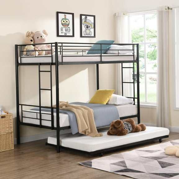 Bunk Beds Twin-Over-Twin, Twin Over Twin Loft Bed with Stairs and Guard Rail, Sturdy Metal Convertible Bunk Bed Frame with Twin Size Trundle, Easy Assembly, No Spring Box Needed, Black, SS1377