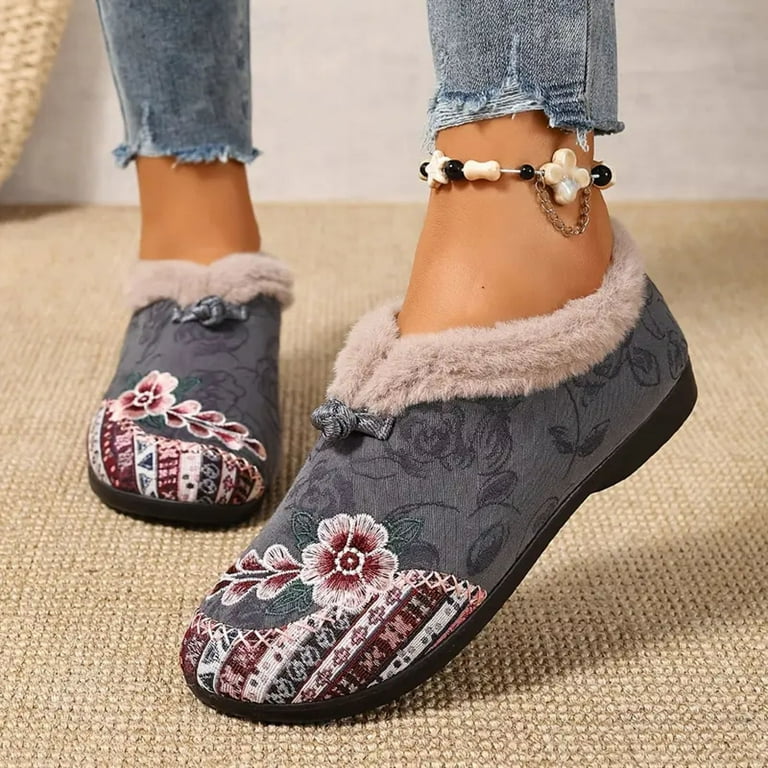 navy blue dress for baby girl Winter Flats for Women Round Toe Splice Elegant Floral Embroidery Plush  Warm Slip on Dress Shoes Casual Low Top Walking Shoes Pink Size 8.5