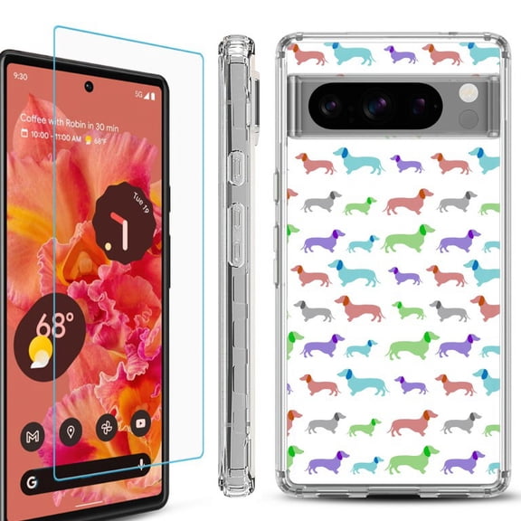 OneToughShield ® Compatible with Google Pixel 8 Pro, Shockproof Phone Case, with Tempered Glass Screen Protector - Colorful Dachshund/Puppy