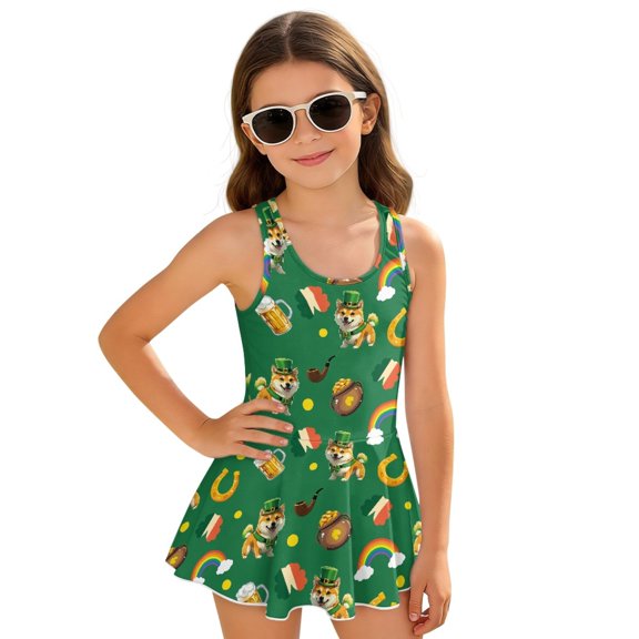 Uourmeti St. Patrick's Day Shiba Inu Print Girls Skirted One Piece Swimsuit - Quick Dry Stretch Swim Dress for Beach Pool Vacation
