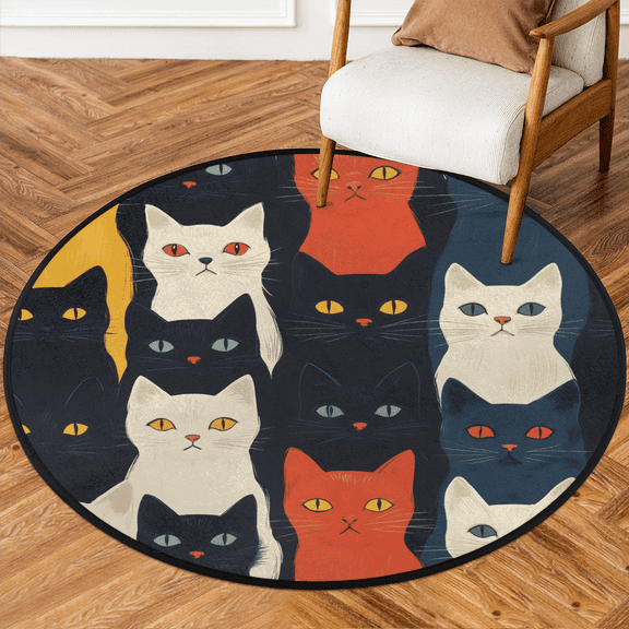 CURLYOOT Round Rug 3ft Cute Kittens Area Rug, Washable Circle Mat Non Slip Floor Carpet Mat, Pet Animals Soft Indoor Rugs for Entryway Living Room Dining Room Bedroom