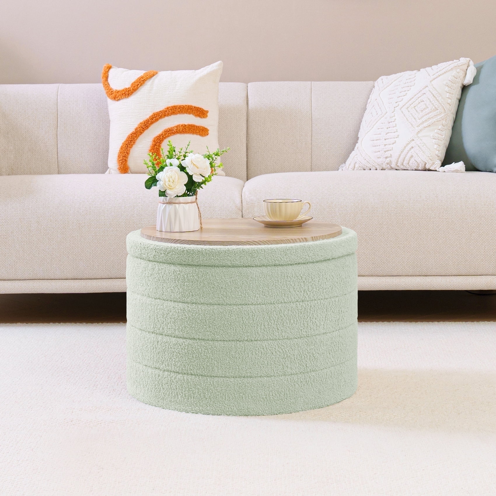 B FSOBEIIALEO Round Storage Ottoman with Tray for Living Room, Perfect for Adults & Kids with Extra Storage Space(Green)