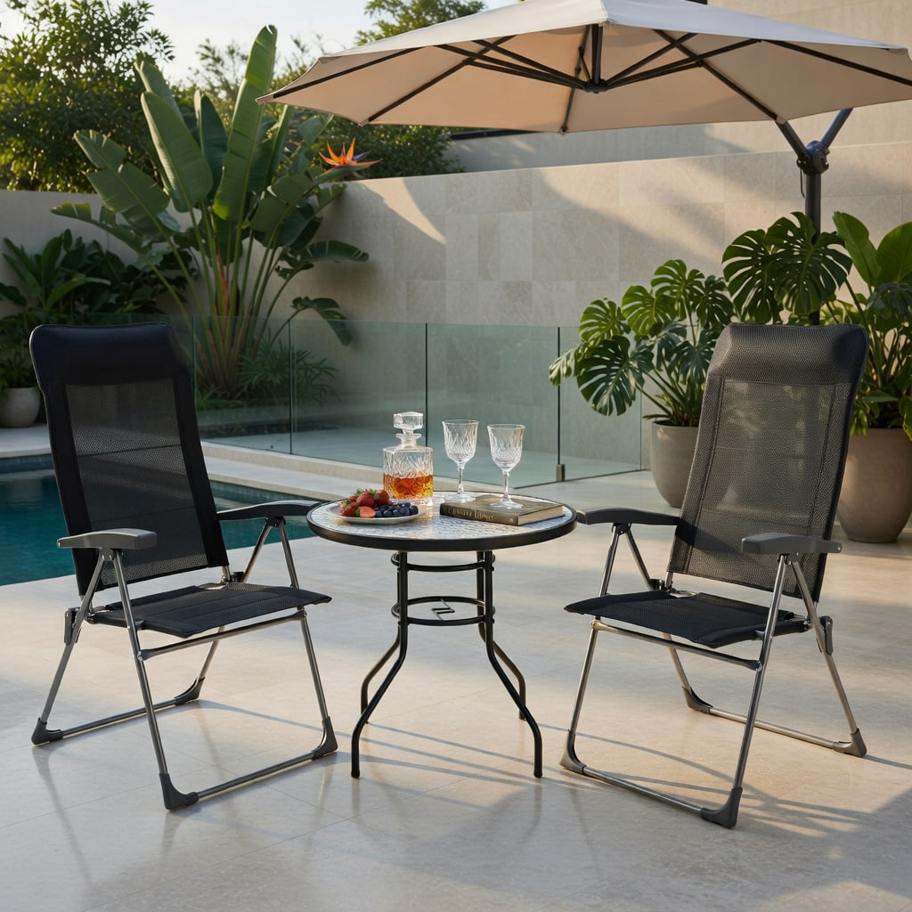 Hommoo 2-Pack Foldable Outdoor Dining Chairs with Adjustable Headrest & Reinforced Iron Frame, Portable Patio, Camping, Deck, and Poolside Seating, Black