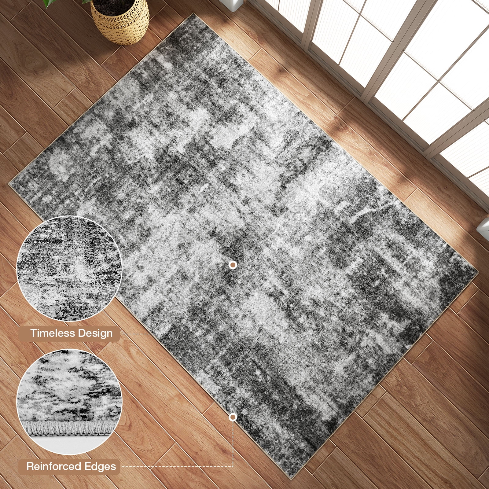 Washable Area Rug for Living Room, 8'x10' Non-Slip Neutral Abstract Gray Indoor Rugs, Low Pile Stain Resistant Carpet for Bedroom Kitchen
