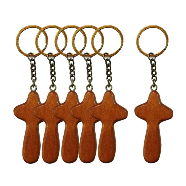 6 piezas de llavero de cruz de madera con dijes de cruz, llavero religioso, joyería Marrón