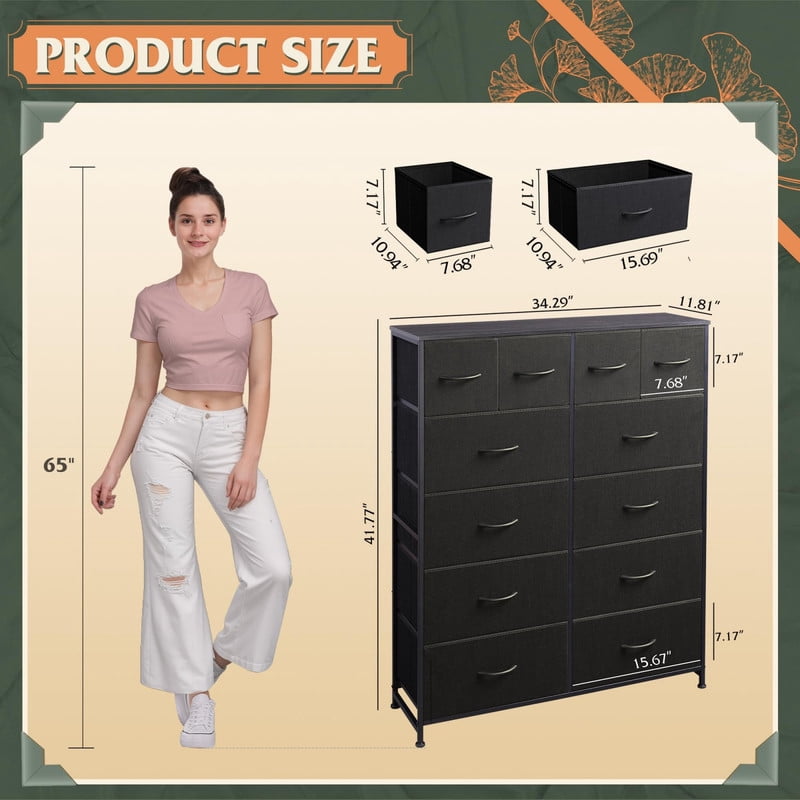 Kelno 12 Drawer Fabric Dresser Storage Tower Sturdy Steel Frame Wood Top Organizer, Black