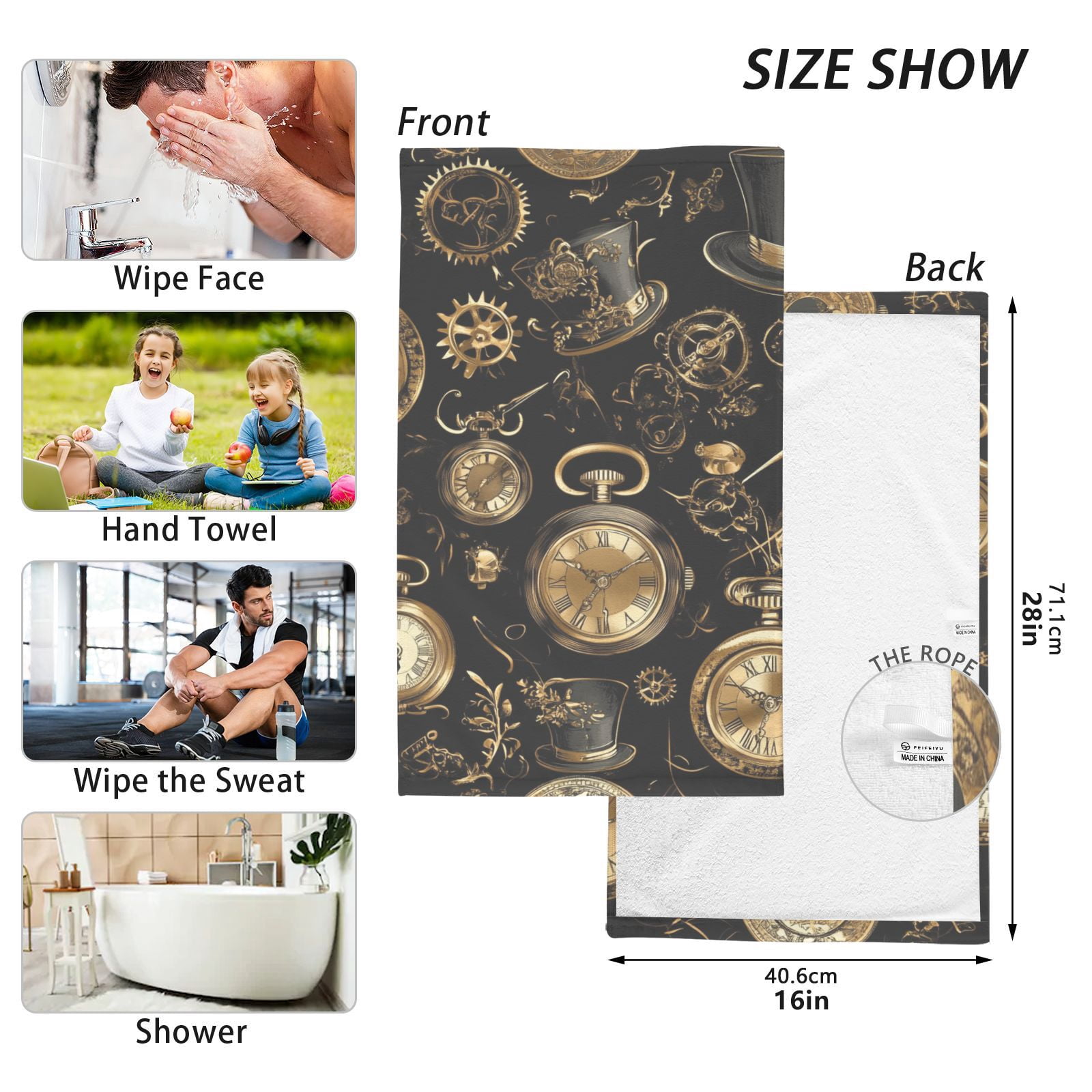 Gold Clocks Machines Hand Towels Cotton Bath Towels Large Face Towels Absorbent for Bathroom 2 Packs