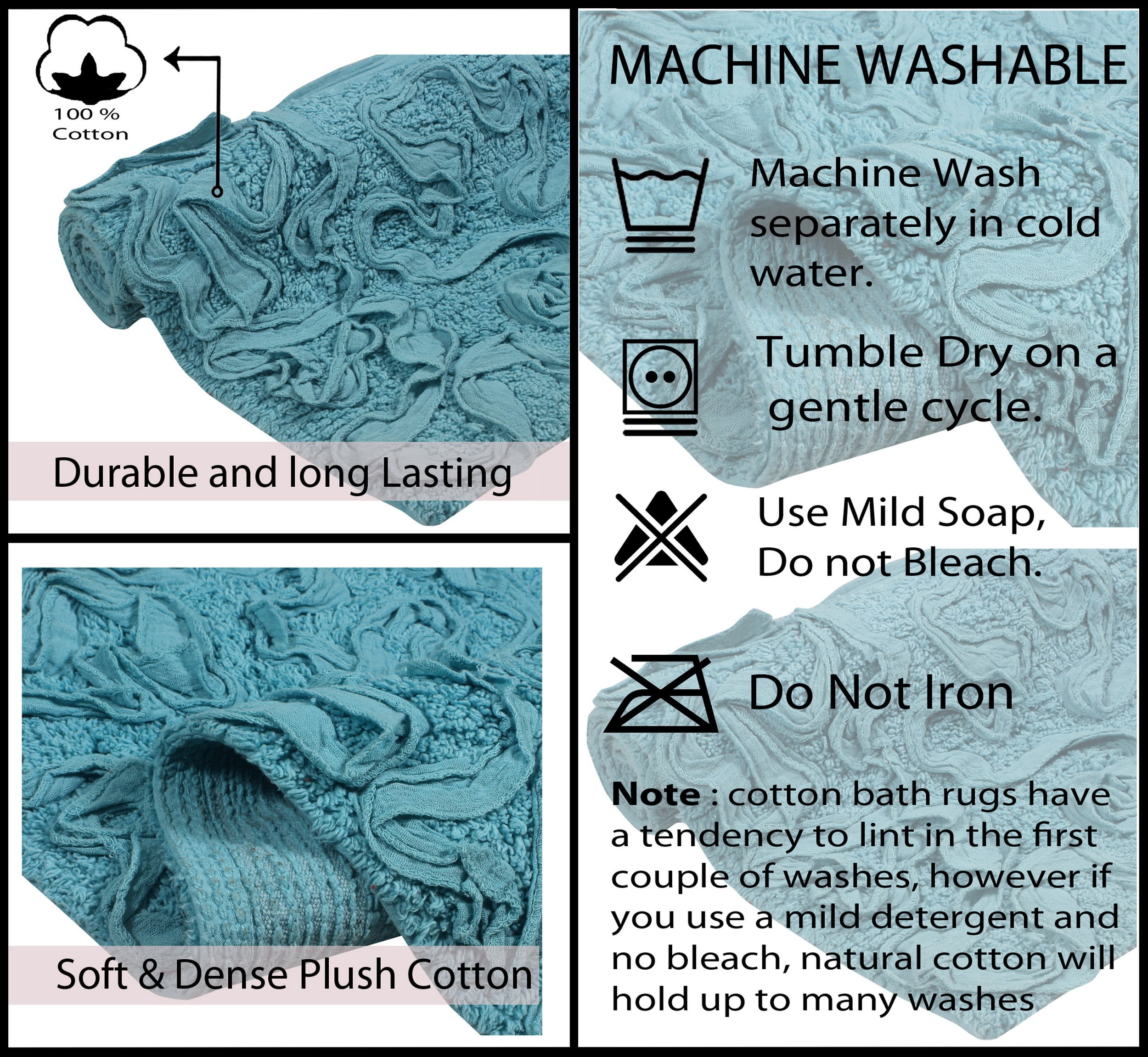 Home Weavers Bell Flower Collection 100% Cotton Non-Slip Bathroom Rug Set Machine Washable Bathroom Rug, U Shaped Contour, Bathroom Rug, Bath Rug, Runner, Blue Color 5 Piece Bath rug set