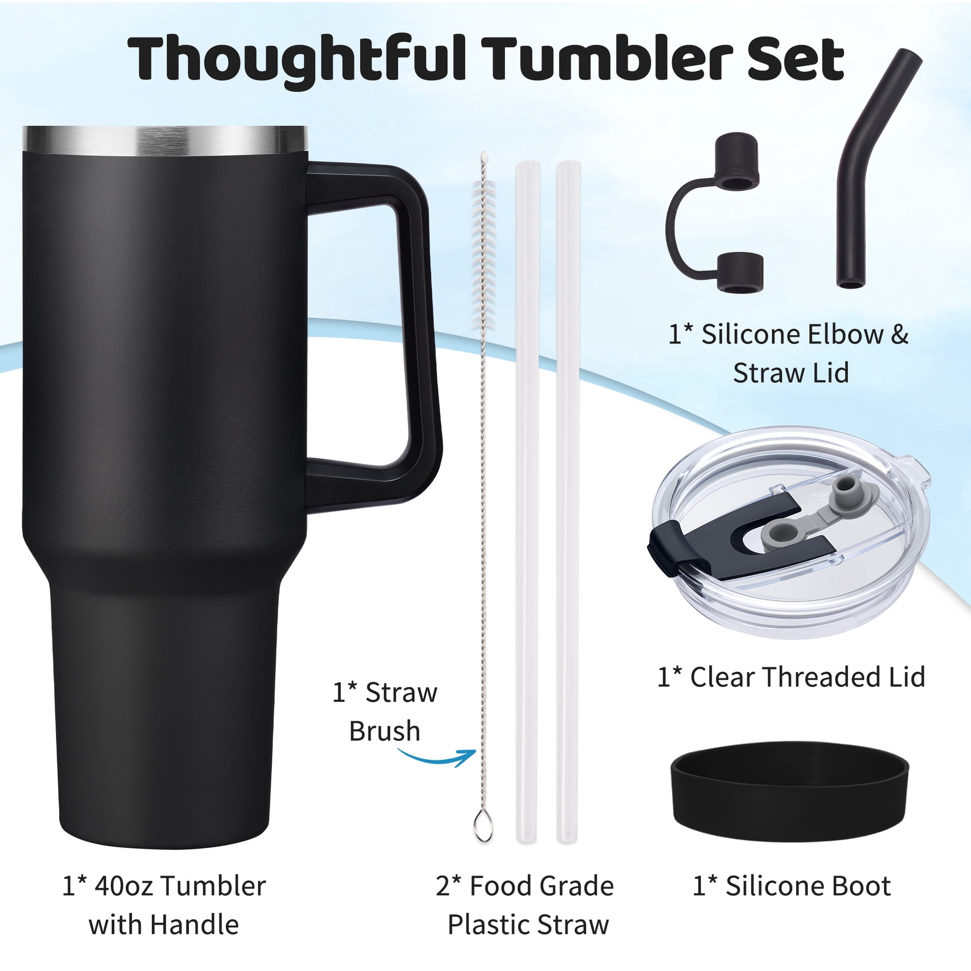 Tumbler with Handle & Straw 40oz - Insulated Water Bottle Stainless Steel Travel Coffee Mug 40 oz,100% Leak-proof Dustproof for Car Cup Holders (Black)