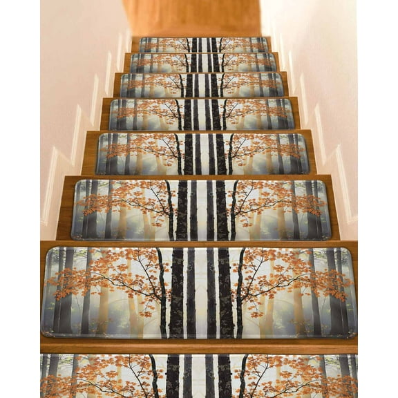 Orange Botanical Tree Stair Treads for Wooden Steps Indoor Runner Rug Carpet, Farmhouse Forest 4 Pieces Peel and Stick Staircase Step Treads Covers Washable Throw Door Mats, 30"x8"