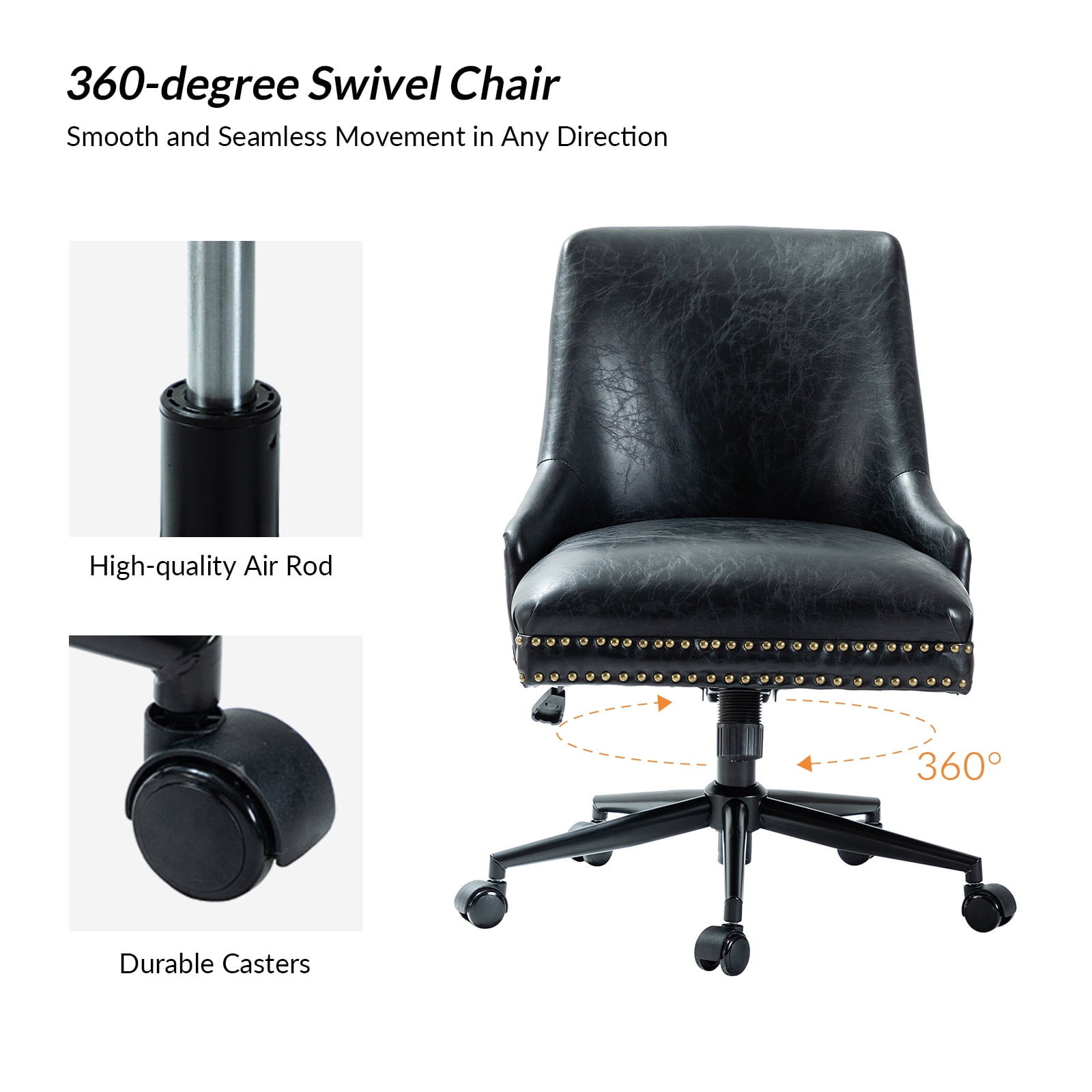Vegan Leather Task Chair Swivel Home Office Chair Height Adjustable Mid-back Upholstered Nailhead Trim Bedroom Black