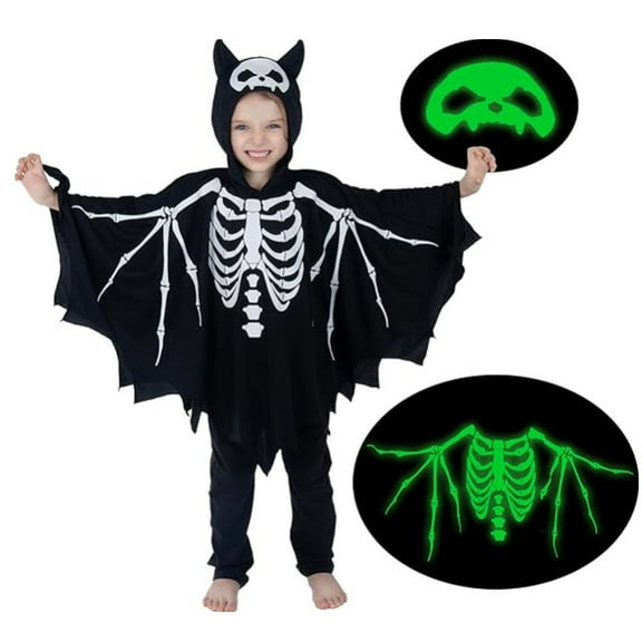 Hotiary Children's Glow in the Dark Halloween Clothes Black Bat Costume Masquerade Cosplay Costume Bat Style, 4-10 Years