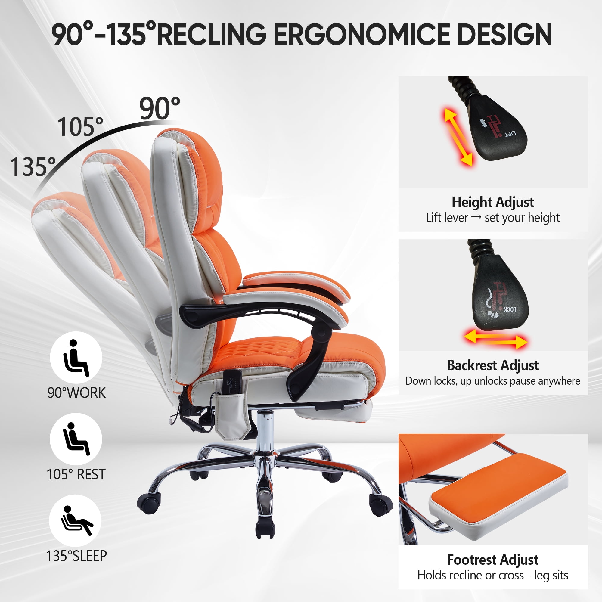 Office Chair with 6-point Vibration Massage and  Shoulder Heated,Big and Tall Office Chair, Reclining Office Chair,Orange
