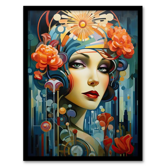 Metropolis Art Deco Woman Portrait With Flowers Artwork Bold Bright Artwork Framed Wall Art Print A4