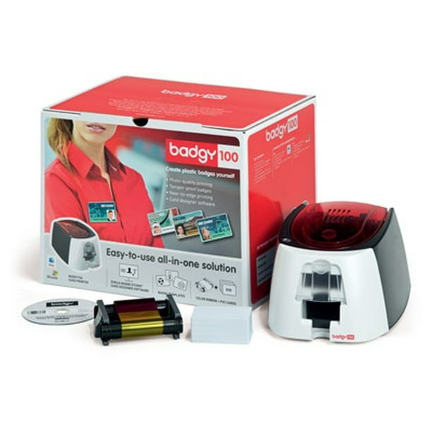 Impresora de credenciales Badgy B-100 + KIT 1 RIBBON P/ 50 IMP. y 50 TARJ. 30 MLS Software B12U0000RS