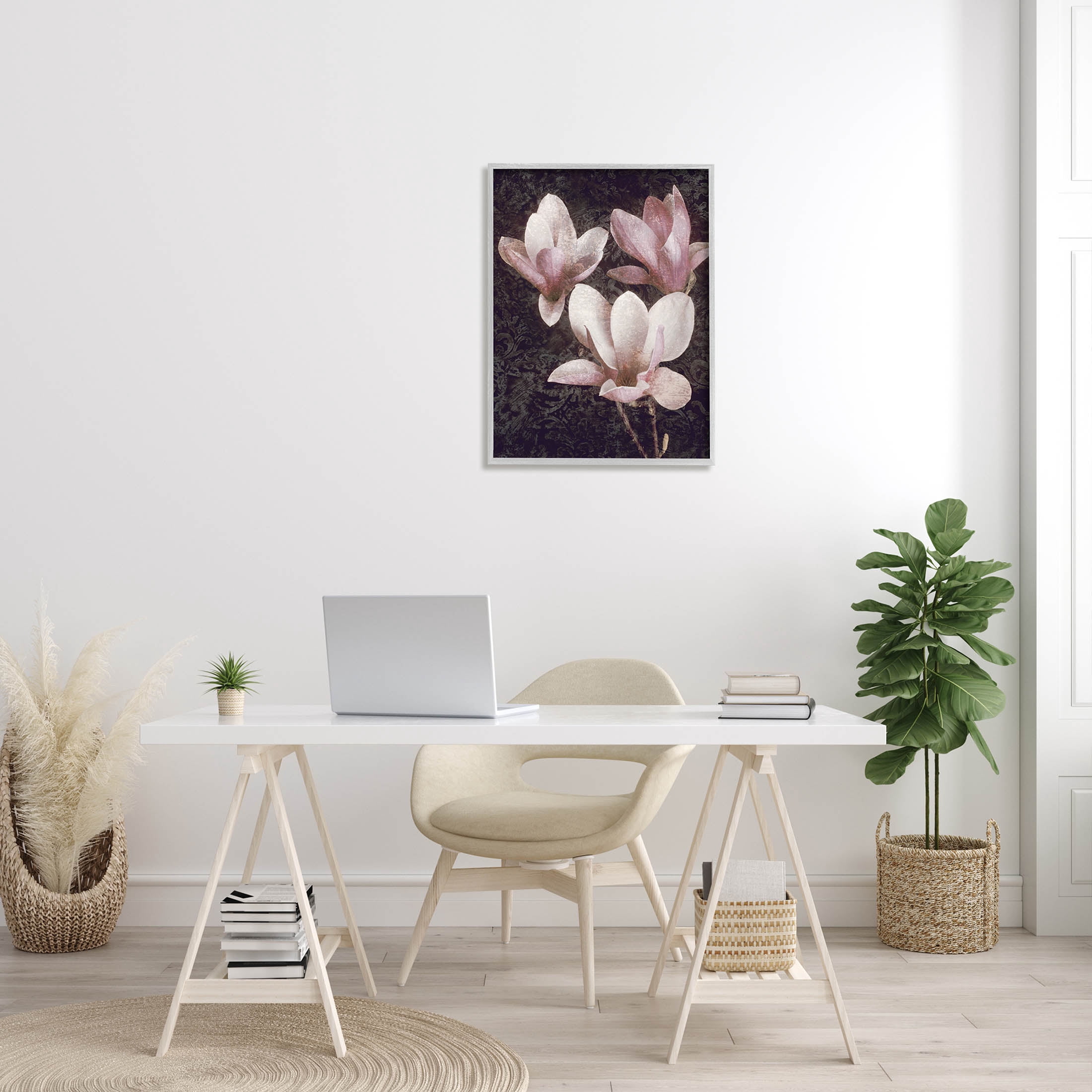 Vintage Pink Blooms Damask Pattern Botanical & Floral Graphic Art Gray Framed Art Print Wall Art