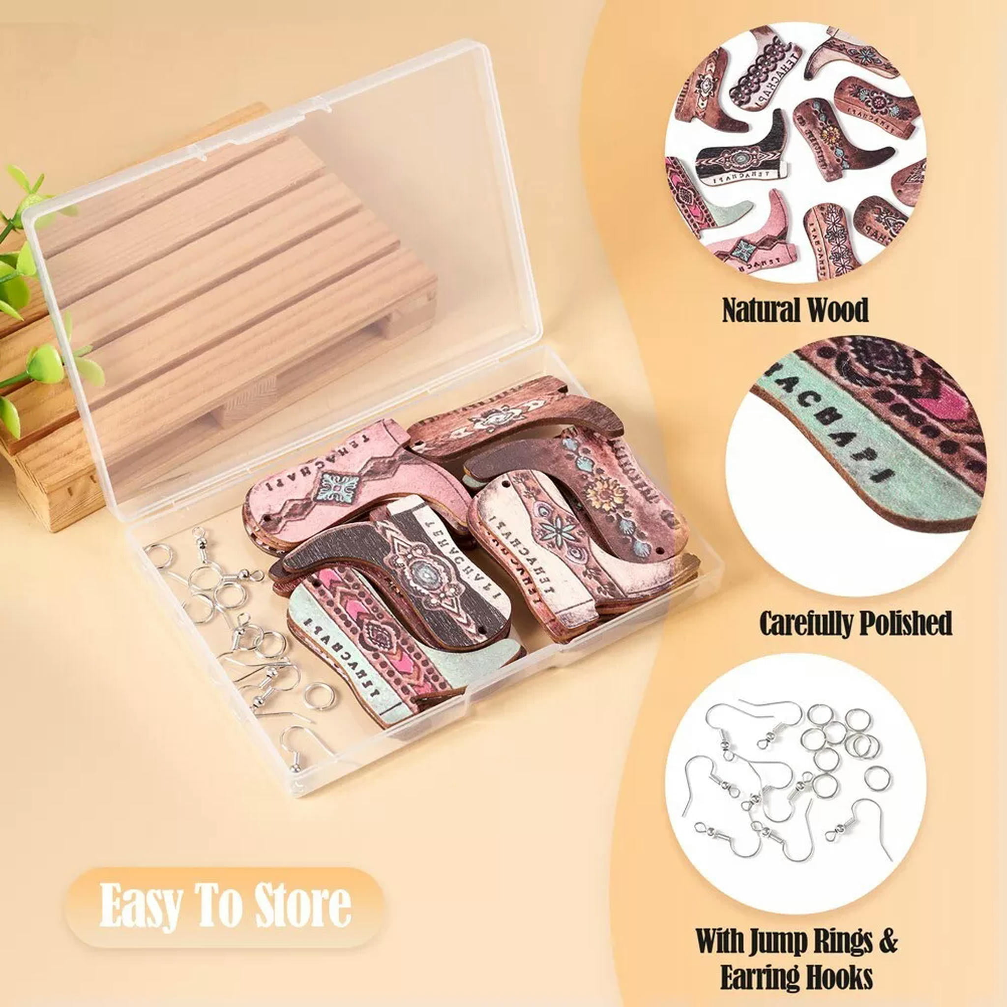EOEMY 1Box Diy West Cowboy Boot Wood Dangle Earrings Jewelry Finding Making Kit 8~49mm