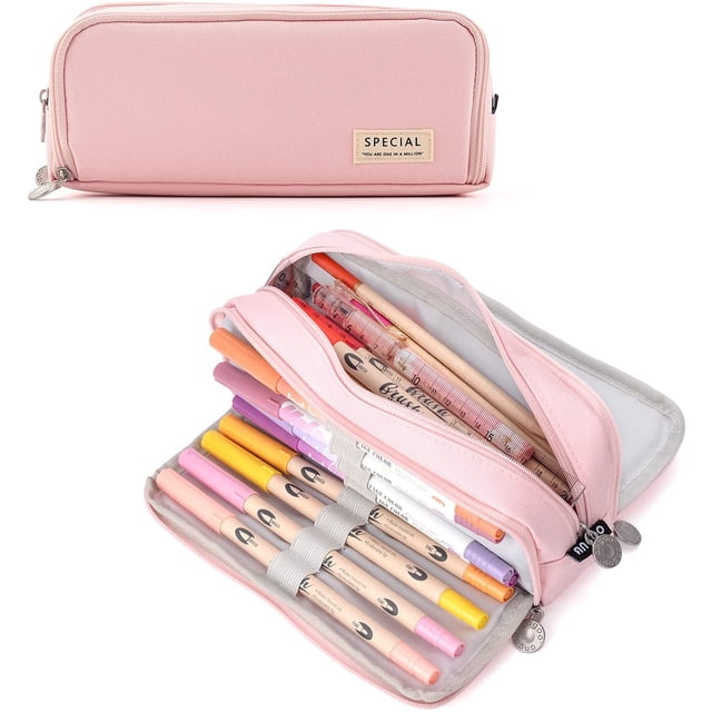 Estuche escolar para niñas y niños, estuche grande con 3 compartimentos, estuches pastel para mujeres y hombres (rosa)