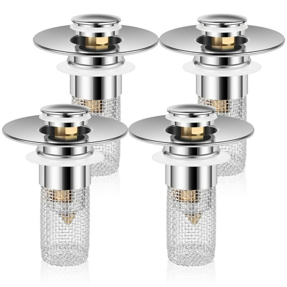 4Pcs Pop Up Sink Drain Strainer 304 Stainless Steel Bathroom Sink Plug Strainer with Filter Basket Brass Core Sink Drain Stopper Anti Clogging Basin Sink Drain Filter for 0.94-1.4 Inch Sink Hole