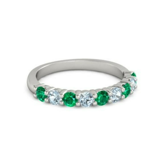 925 Sterling Silver Round 2.50 MM Emerald Aquamarine Half Eternity Women Ring Size US- 4
