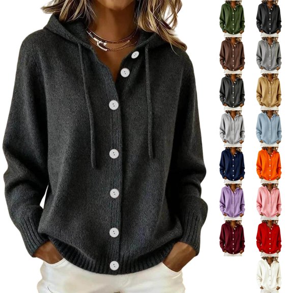 TGSLY Women's Drawstring Hooded Sweater Coat Comfy Soft Button Down Long Sleeve Knit Cardigan Relaxed Casual Solid Color Fall Winter Jackets XXXL