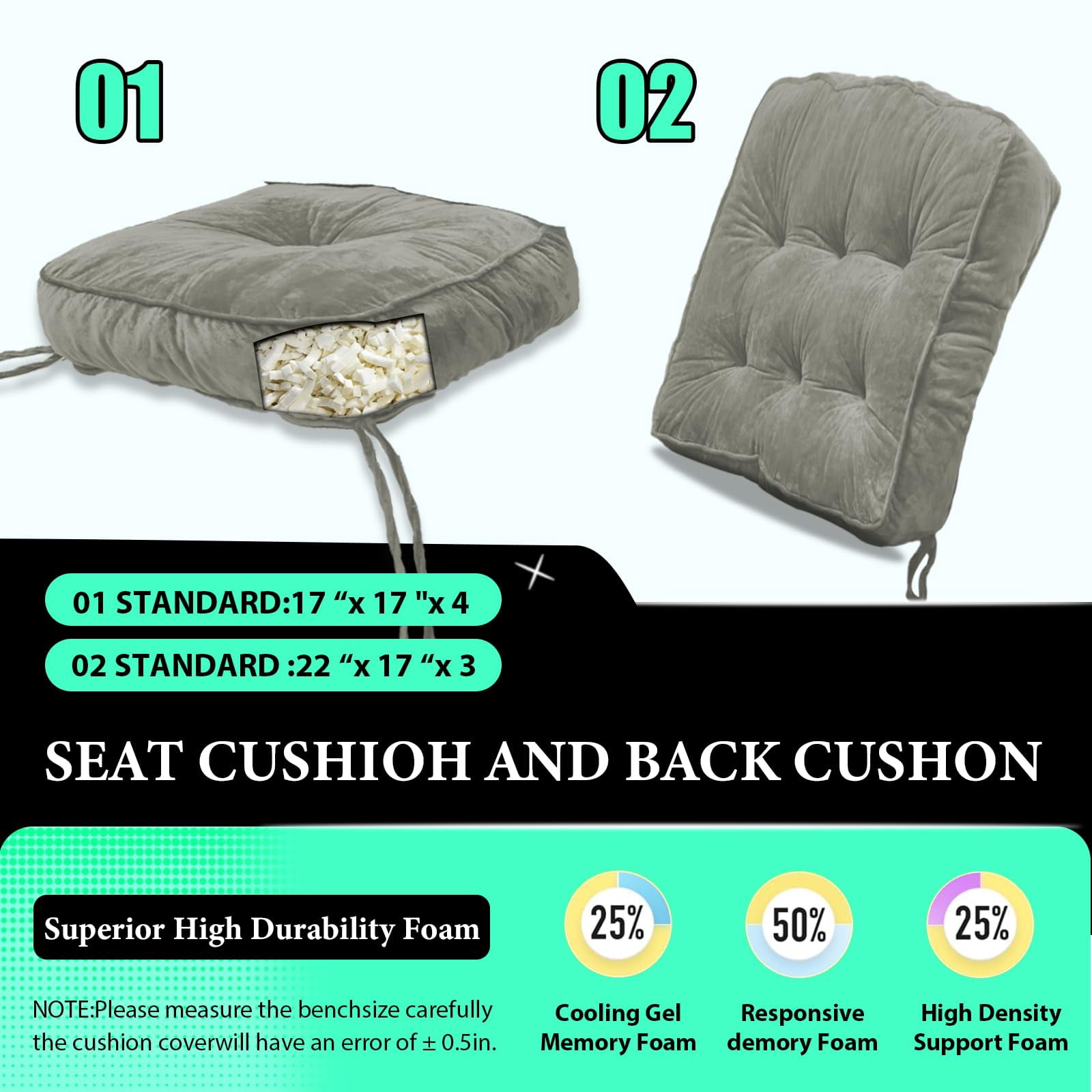Rocking Chair Cushion, High-Density Sponge,Memory Foam Non Slip,FadeShield Thicken Durable Tufted Pads,Set of Seat & Back Cushion with Ties for Outdoor Rocker, 2 Piece, Blue,22x17x3/17x17x4