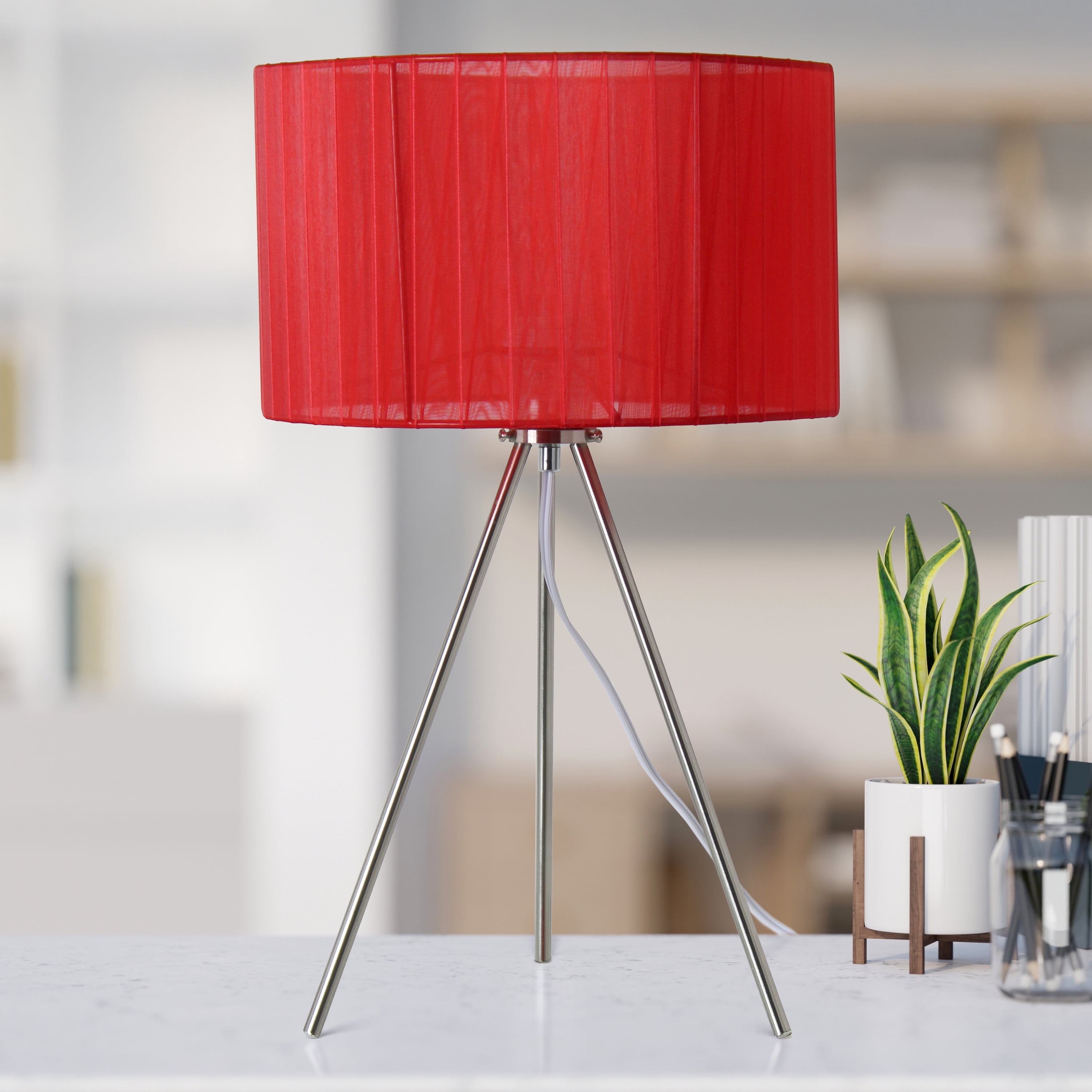 Simple Designs 19.69" Brushed Nickel Tripod Table Lamp and Pleated Silk Sheer Shade with LED Bulb, Red