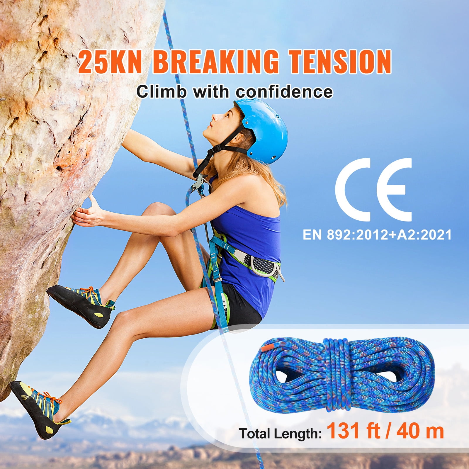 KFFKFF 10.2mm Dynamic Rope, 40M for Outdoor Climbing, 25KN Tension, Flexible Fiber with Steel Hooks for Escape, Rappelling, Fire Rescue, Blue