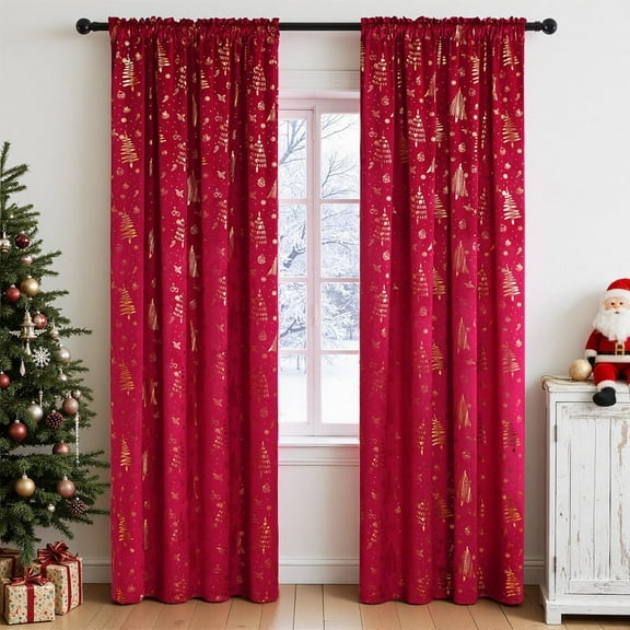 Topfinel Red Xmas Velvet Blackout Curtains Thermal Insulated Curtains 63 Inch Length, Gold Foil Print Drapes for Xmas Bedroom Living Room Darkening Window Treatments Rod pocket Curtains, 2 Panels