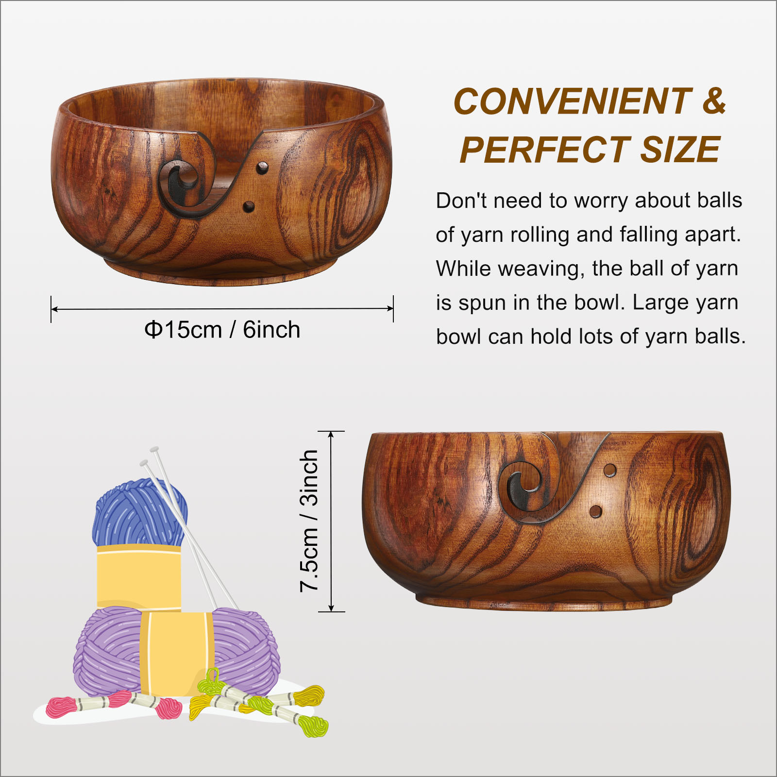 REGALWOVEN Yarn Bowl, Knitting Crochet Butt Holder Bowls Crocheting Cute Wooden Storage Brown 6" x 3"