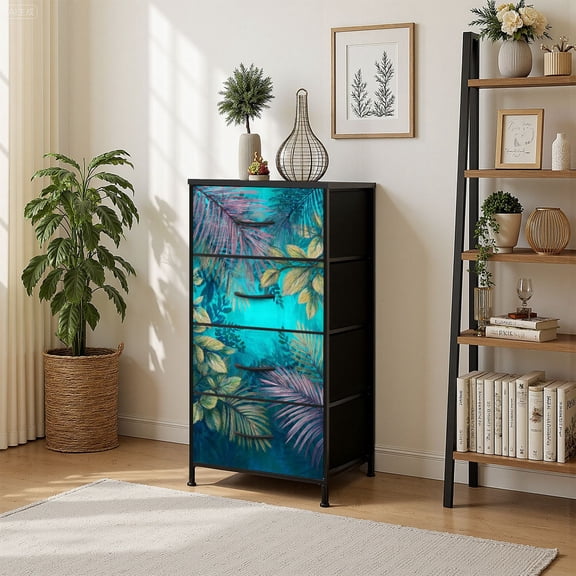 4 Drawer Vertical Storage Dresser Teal Frond Palm Leaves Tropical Plants Layered Foliage Natural Texture with Wood Top Fabric Pull Drawers