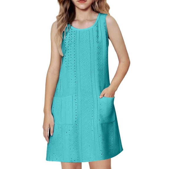 Girls' Summer Boho Tie-Shoulder Sleeveless Midi Tiered Dress with Pockets – Solid Casual Outfit for Toddlers & Kids 3-14Y, Elegant Comfortable Daily Wear Party Dress, Soft Lightweight Fabric