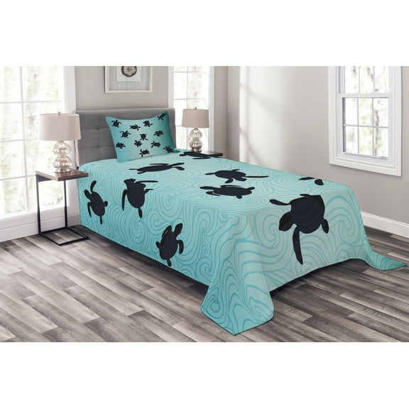 Ambesonne Ocean Quilted Bedspread Set 2 Pcs, Turtles Deep Sealife, Twin Size, Dark Blue Teal