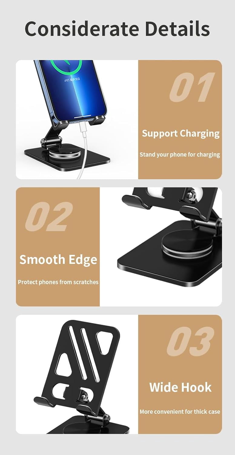 NEOYFC for  Phone Stand with 360 Rotating Base Portable Foldable Carbon Steel Material Desktop Cellphone Stand Fits All Smart Phones-Black
