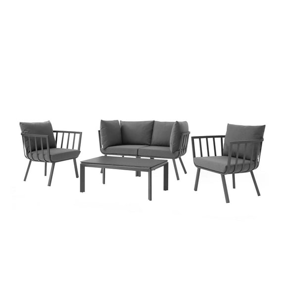 Lounge Sectional Sofa Chair Set, Aluminum, Metal, Steel, Grey Gray, Modern Contemporary Urban Design, Outdoor Patio Balcony Cafe Bistro Garden Furniture Hotel Hospitality