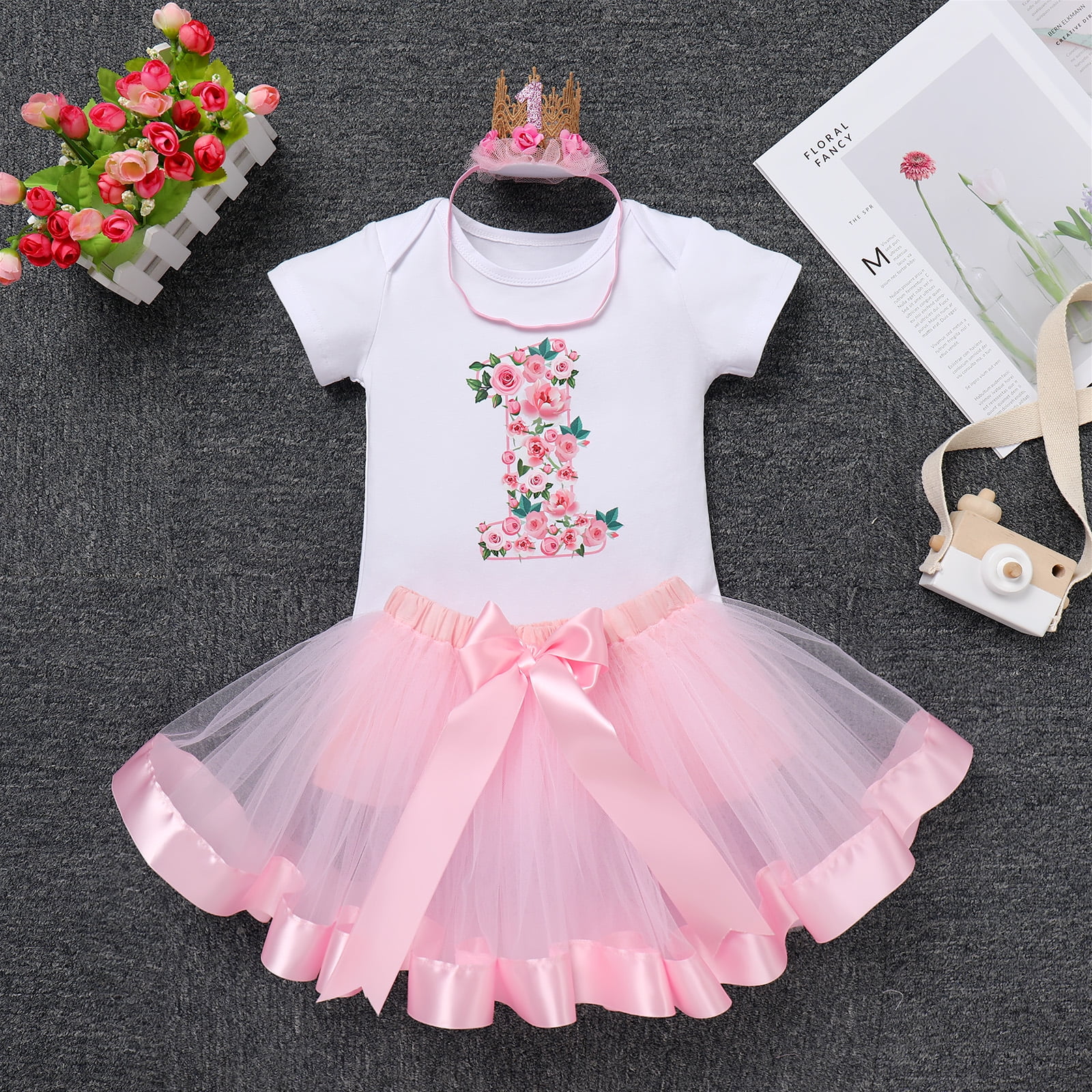 IBTOM CASTLE Infant Baby Girl One Year Old Birthday Outfit Floral Lace Party Cake Smash Romper + Tutu Skirt + Crown Clothes Set for Photo Shoot 1 Year Pink - Flower