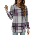 thumbnail image 2 of Women's Flannel Plaid Tops Long Sleeve Crew Neck Shirt Curved Hem Fashion Casual Fall Winter Tunic Tee Shirts (S, Purple), 2 of 5