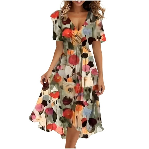 Womens V Neck Flutter Sleeve Boho Midi Dress Summer Wedding Guest Beach Party Long Dresses