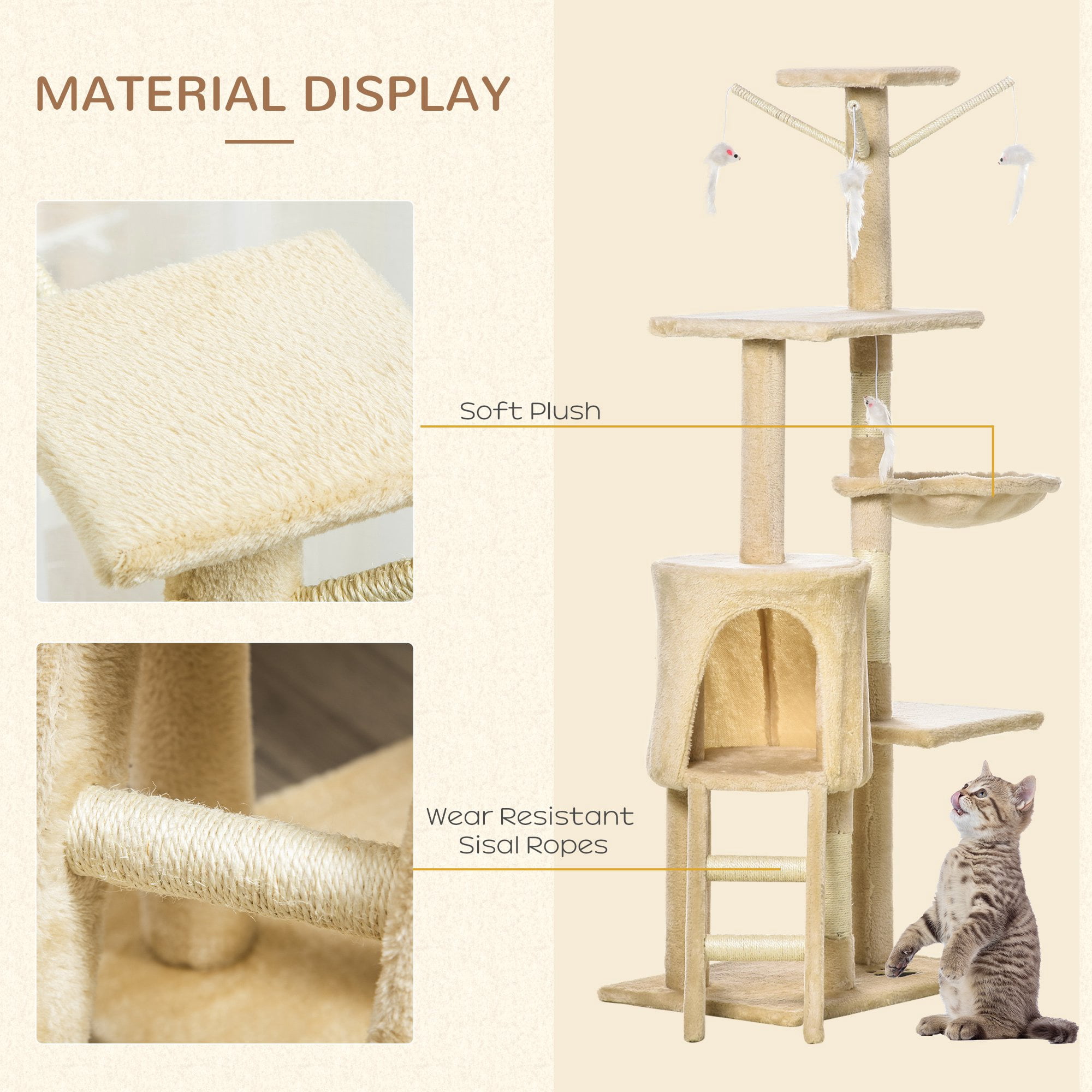 53" Interactive Cat Condo Tower Scratching Post Activity Tree House Plush Sturdy Cat Tree- Beige