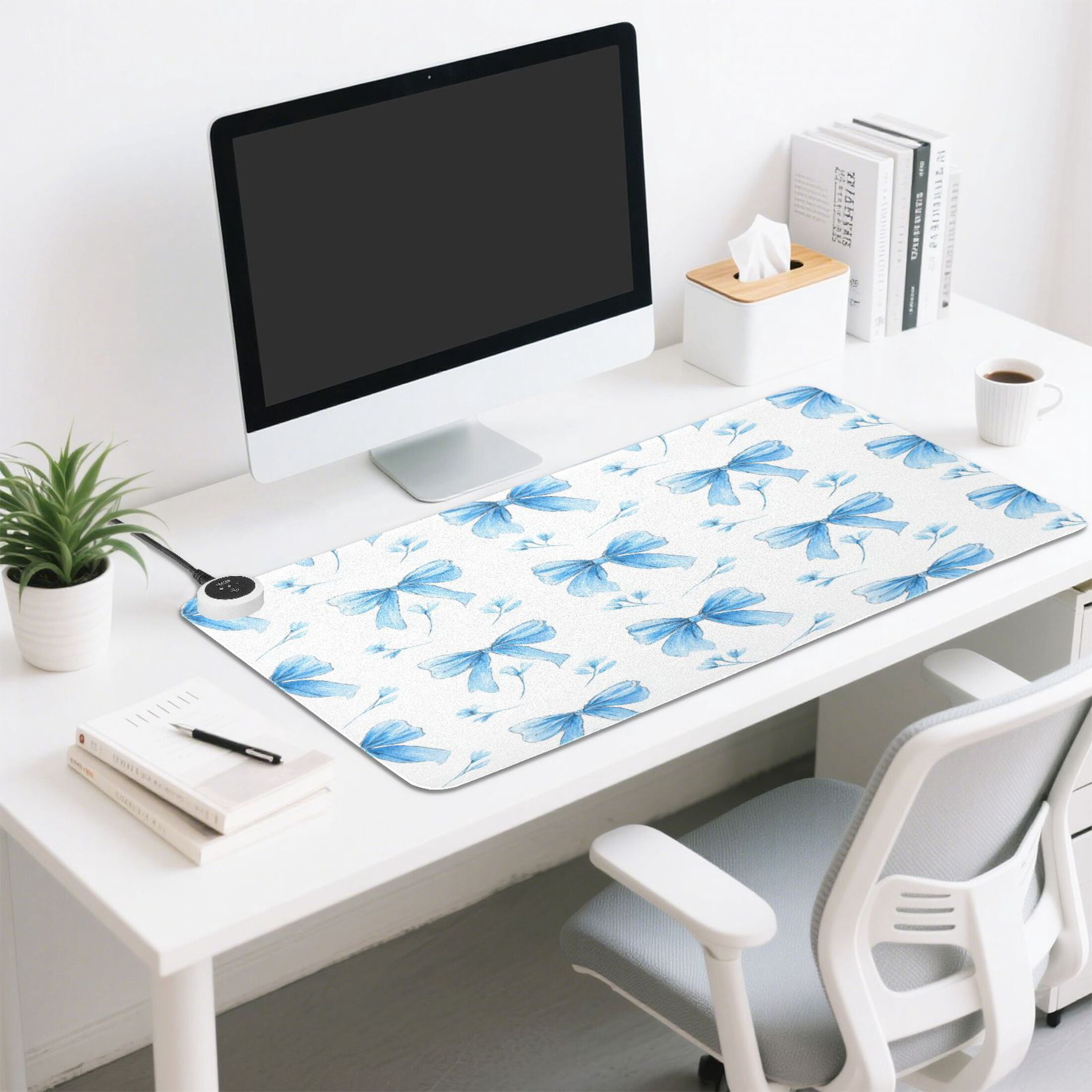 Large Heated Desk Mat Mouse Pad 31.5"x13"PU Leather Graphene Heating Desk Warmer with 3 Temperature Settings 110V US Plug Non-Slip Warm Pad for Home, Office, and Gaming Delicate Blue Bow Pairs
