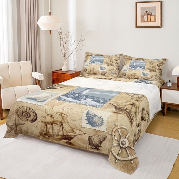 jejeloiu Vintage Nautical Pattern Bed Sheets,Lighthouse Shell Print Full Size Sheets For Boys,Beige Blue,4pcs,1 Flat Sheet, 1 Fitted Sheet and 2 Pillowcases
